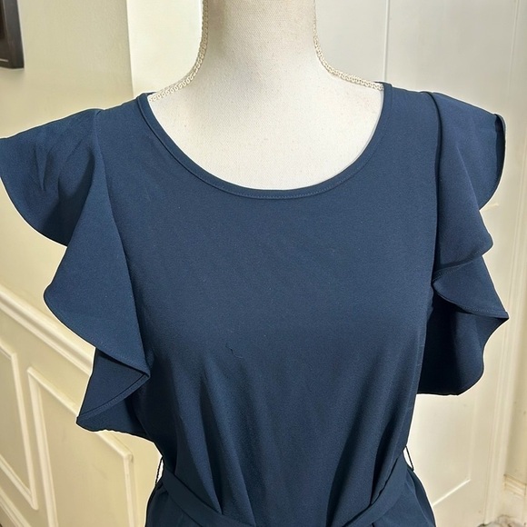 Banana Republic Women Navy Crepe Shift Dress Flutter Sleeve Belted S Fall Chic - Picture 4 of 8